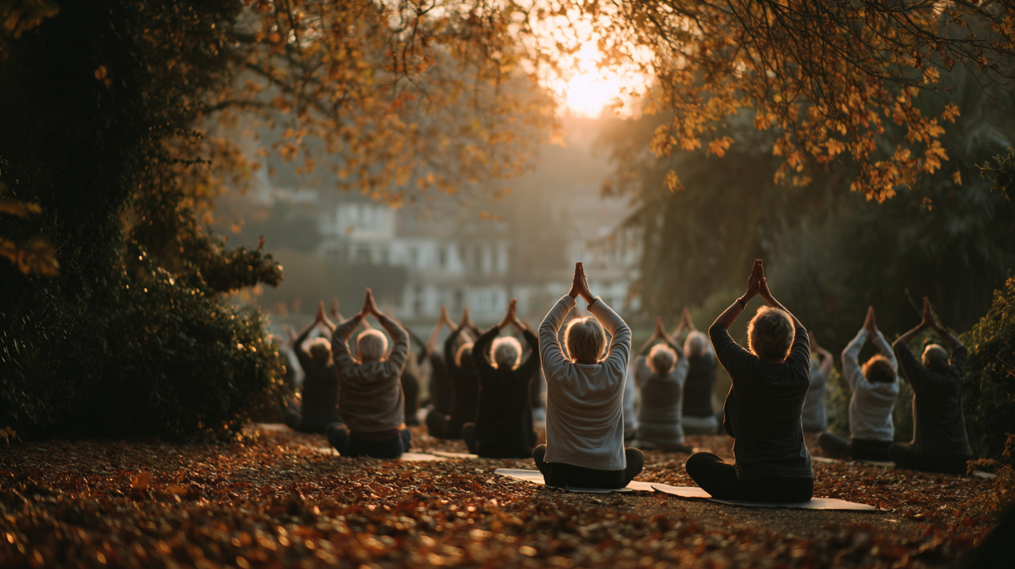 Група старших людей на заняттях йоги в парку