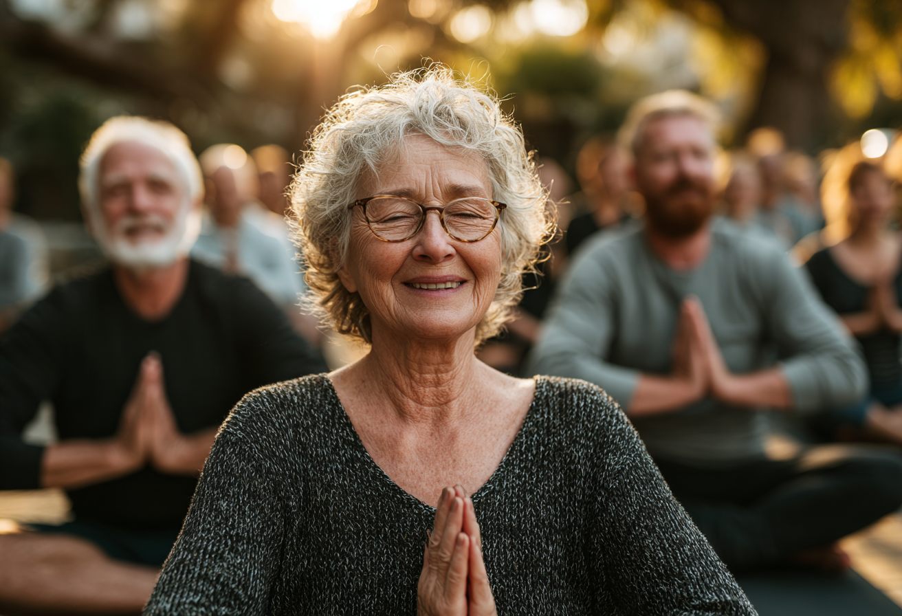 Група людей похилого віку медитує на природі